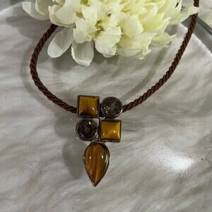 NEW Palm Beach Jewelry Tiger Eye Smoky Topaz Sterling Geometric Pendant Necklace